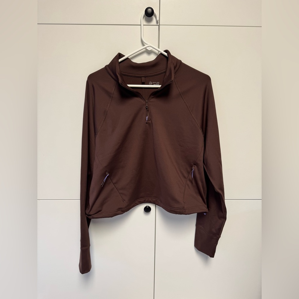 Aerie OFFLINE Warm Up Quarter Zip Cropped Sweatshirt in Dark Brown. Size Large.